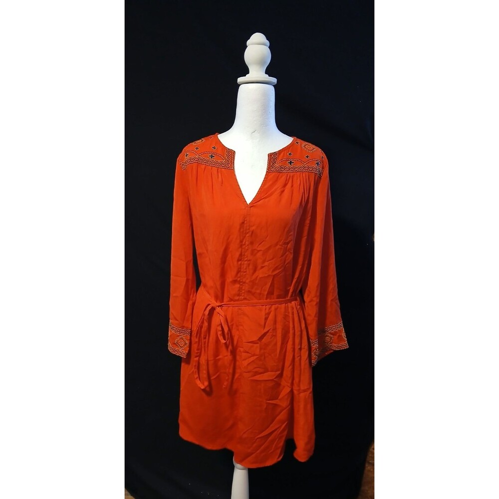 West 36th Reddish Orange Boho Embroidered Peasant Long Sleeve Dress  Small NWOT